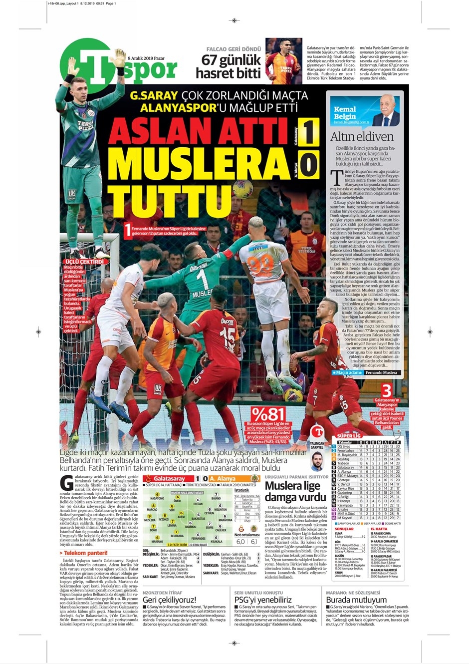 Günün spor manşetleri (8 Aralık 2019) 'Ahtapot Muslera' 6