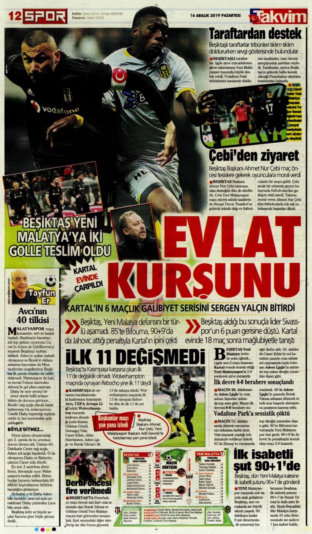 Günün spor manşetleri (16 Aralık 2019) "Fener yıkıldı, Kartal vurul 1