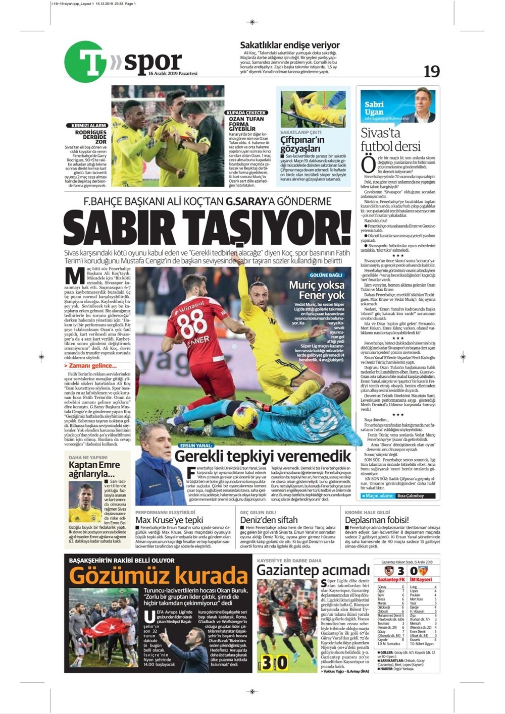Günün spor manşetleri (16 Aralık 2019) "Fener yıkıldı, Kartal vurul 25