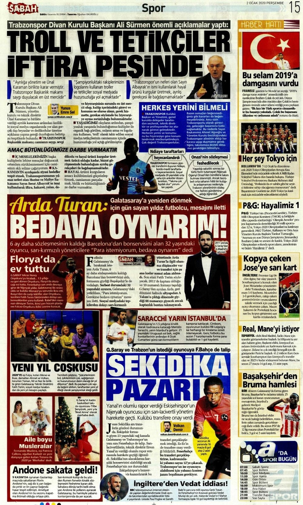 Günün spor manşetleri (2 Ocak 2020) 'Fenerbahçe'den Ben Arfa.. 2