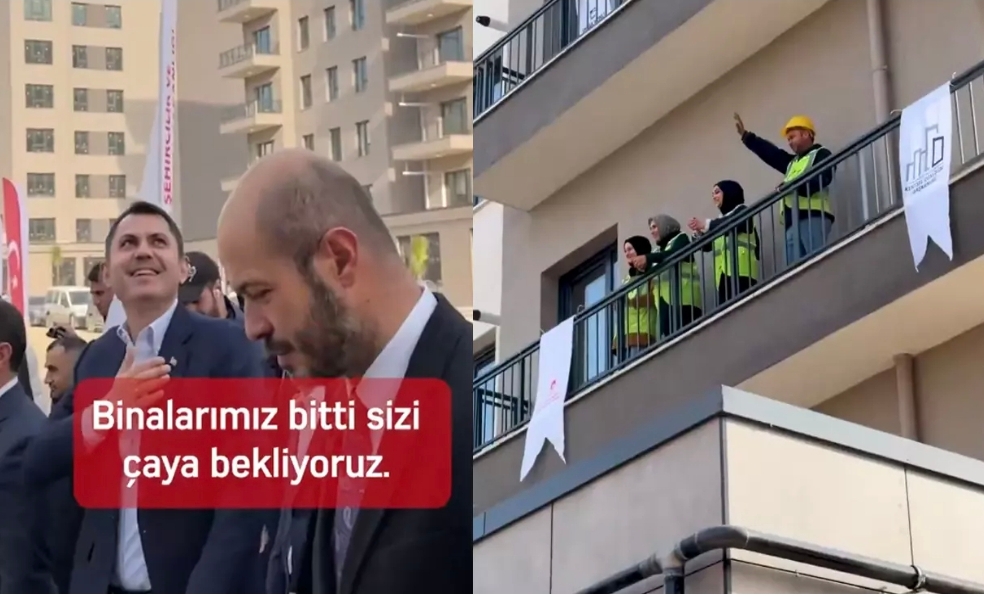 İşçiler deprem konutlarını inceleyen Bakan Kurum'a seslendi: Binalarımız bitti, sizi çaya bekliyoruz