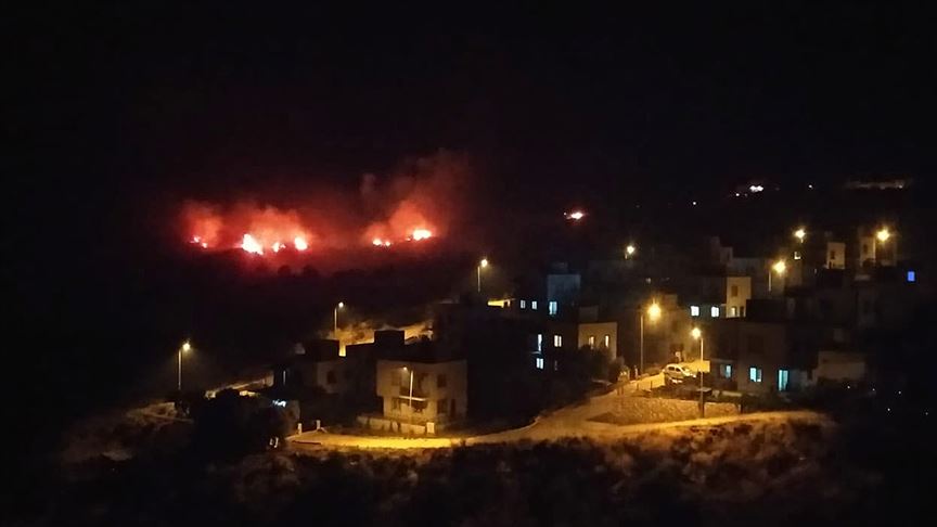 İzmir'de yerleşim alanlarına yaklaşan makilik yangınına müdahale ediliyor